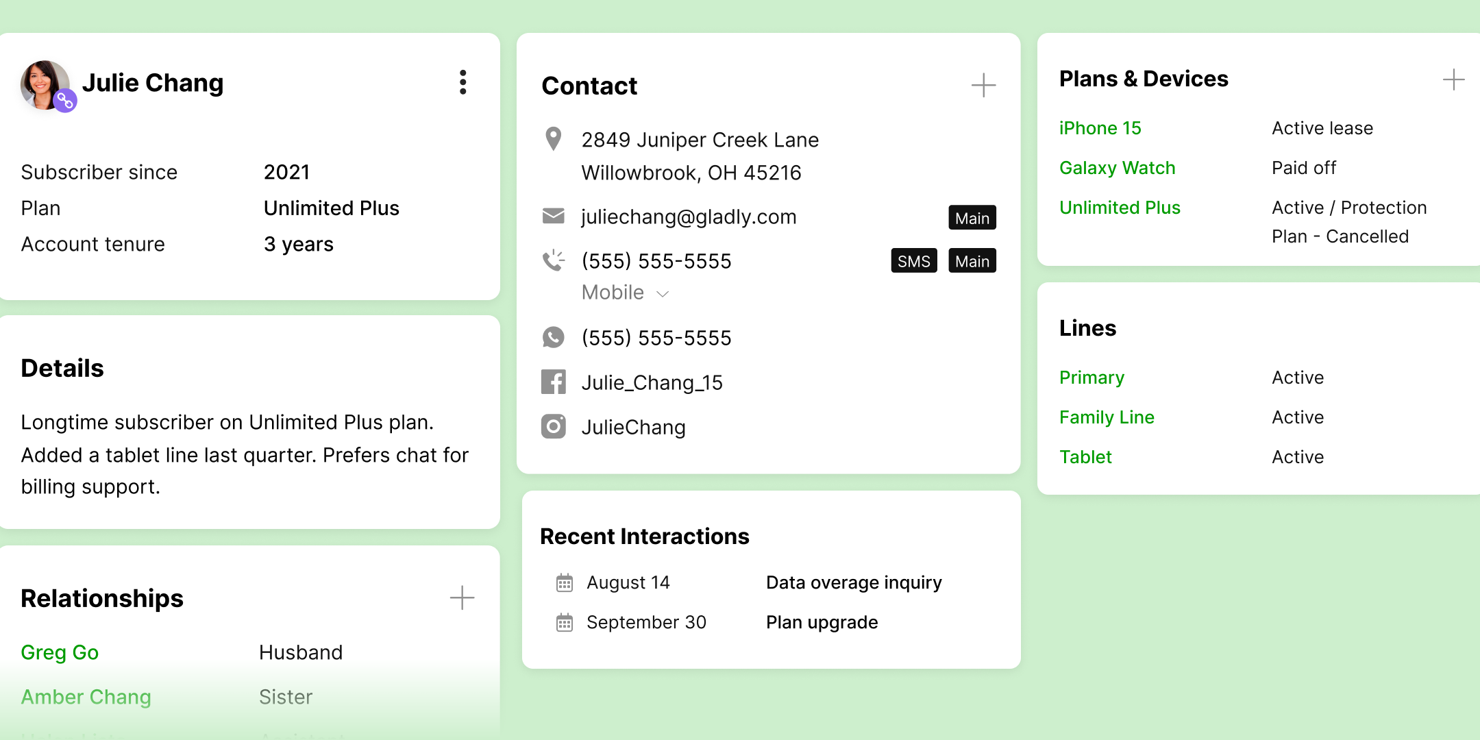 Alt text: "Profile dashboard for Julie Chang with contact info, plan details, relationships, and recent interactions. Green background, organized layout."