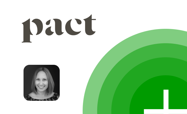 Logo with the word 'pact' in dark stylized font on a white background. Green semi-circles in varying shades adorn the right. A grayscale profile image shows a smiling person in the bottom left.