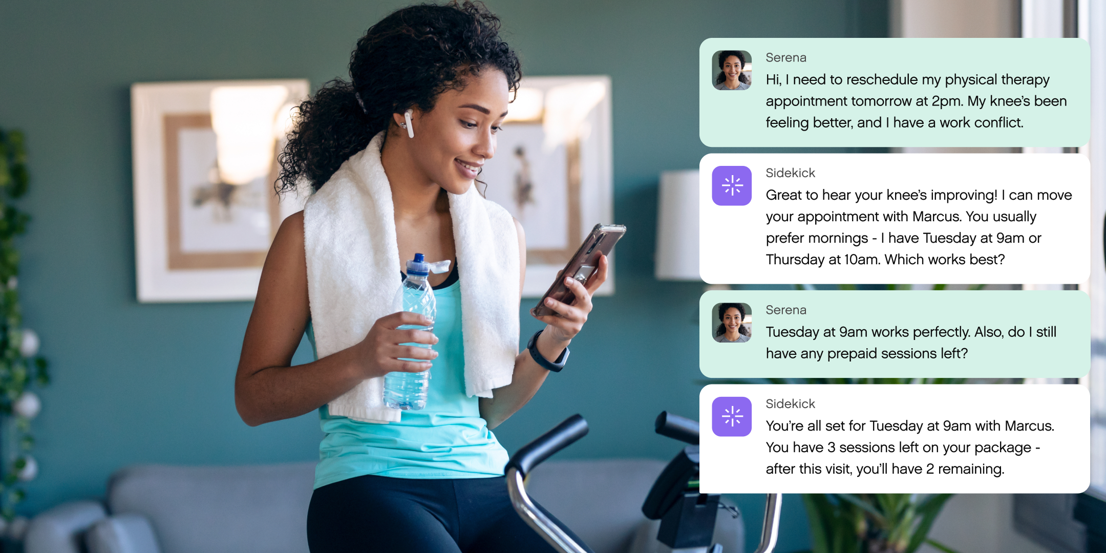 A woman on a stationary bike, smiling at her phone. Text messages about rescheduling physical therapy are displayed. The mood is positive and engaged.