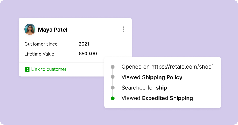 User profile showing "Maya Patel," a customer since 2021 with a lifetime value of $500, and a timeline of website interactions related to shipping.
