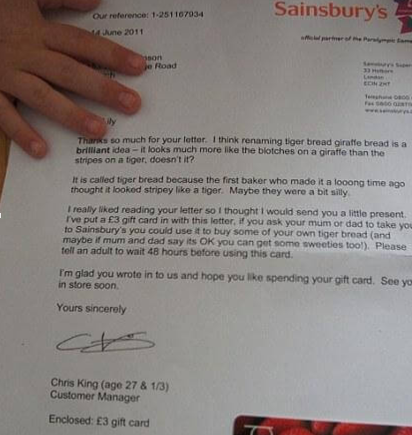 Typed response to a customer letter from a grocery chain