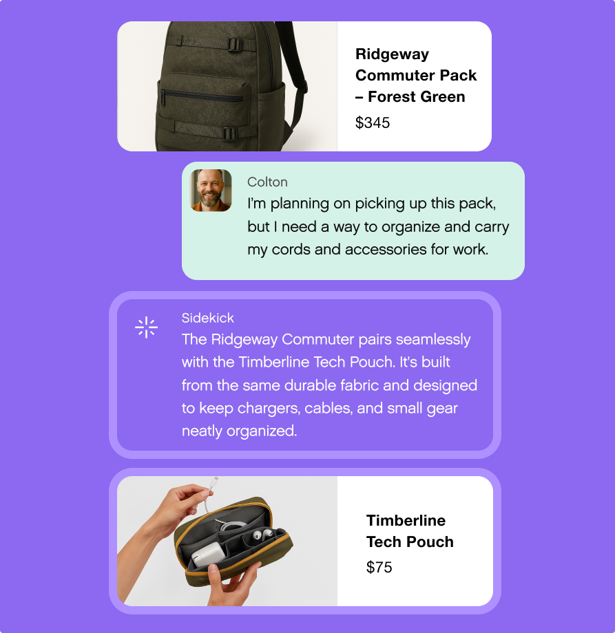 A forest green backpack and a tech pouch are highlighted on a purple background. A customer review mentions organizing cords and accessories.