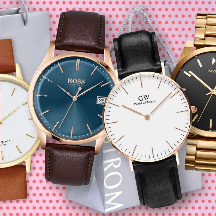 Four stylish wristwatches with different designs and straps are arranged against a pink polka-dot background with shopping bags, conveying fashion elegance.
