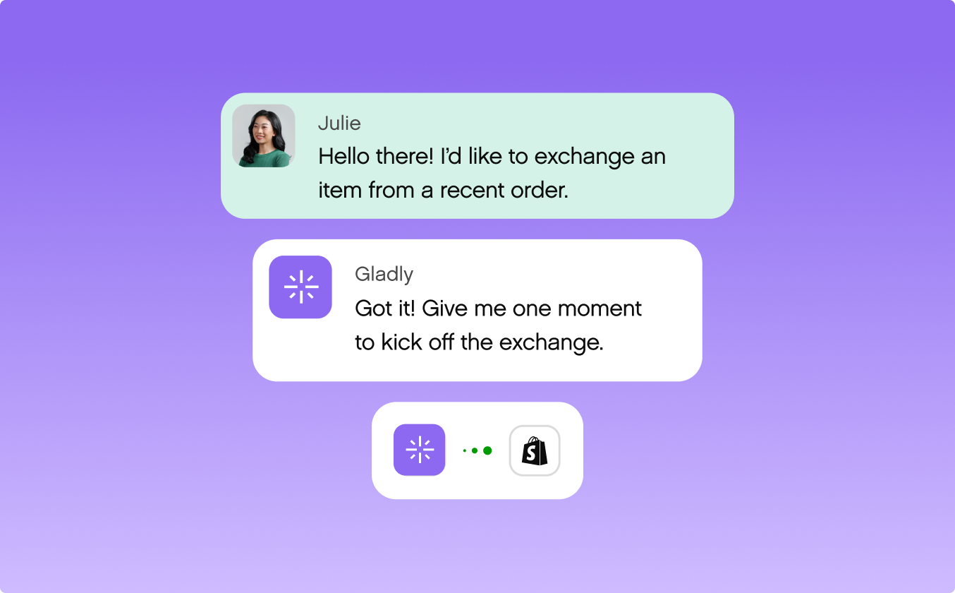 Chat exchange on a purple background. Julie requests an item exchange, and Gladly confirms with prompt assistance, conveying a friendly, efficient tone.