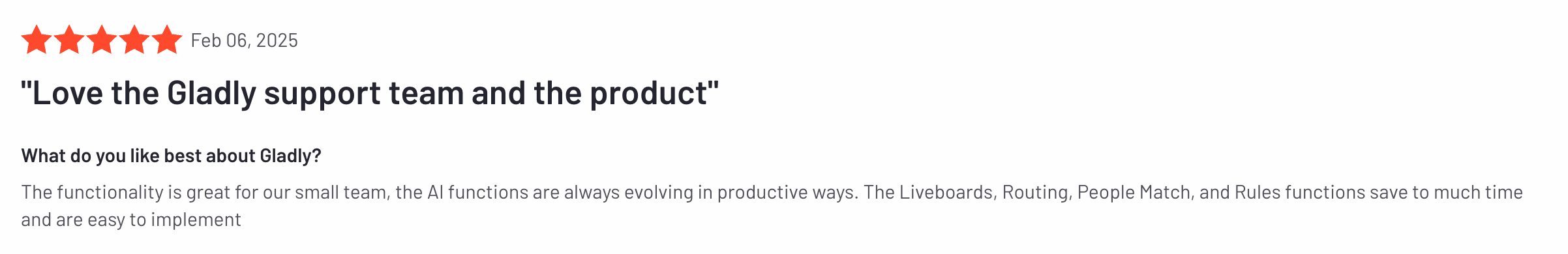 Screenshot of a 5-star review of Gladly from G2