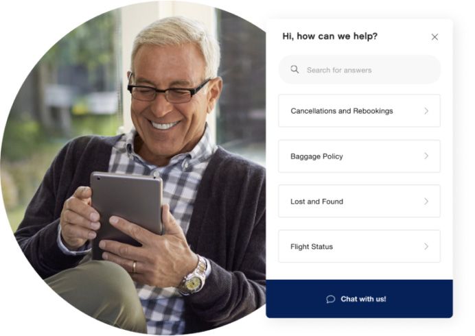 Chat bot box to the right of a smiling older man using a tablet