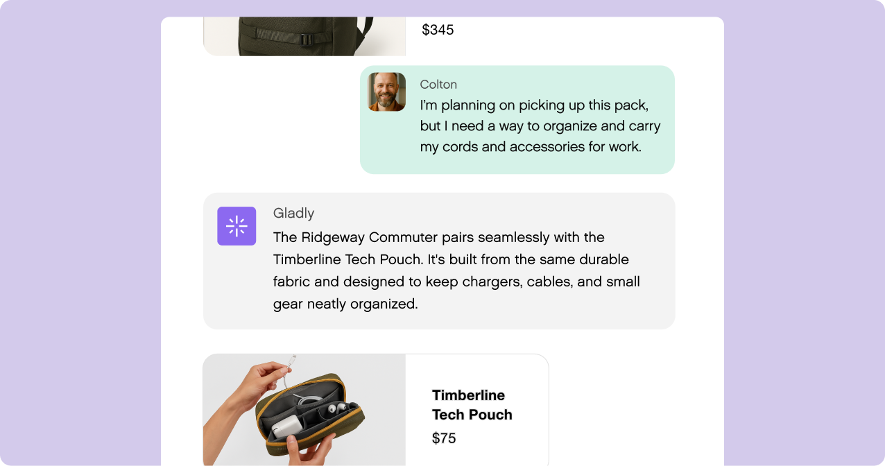 Chat interface showing a user request for gear organization and a suggestion for the Timberline Tech Pouch. Image of a hand holding the pouch below.