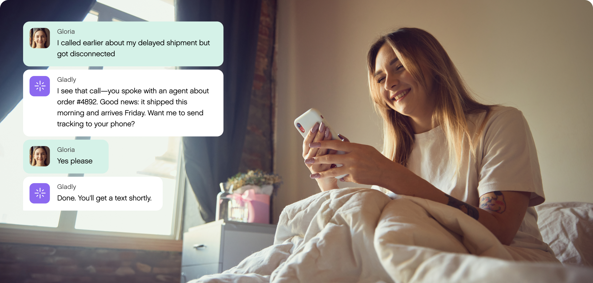 A woman smiles while using her phone in bed, engaging in a customer service chat about a shipment. The room is softly lit, creating a warm, relaxed atmosphere.