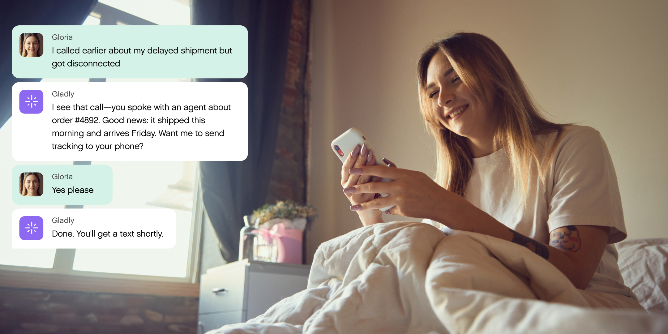 A woman smiles while using her phone in bed, engaging in a customer service chat about a shipment. The room is softly lit, creating a warm, relaxed atmosphere.