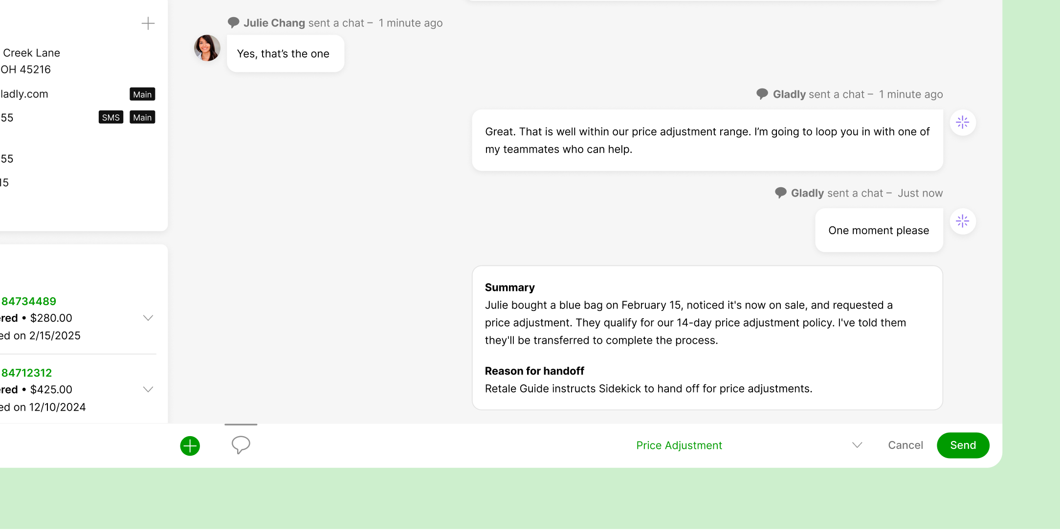 Chat interface showing a conversation between Julie Chang and Gladly about a price adjustment. Details mention a blue bag bought on February 15, now on sale. Sidekick confirms eligibility and plans to involve a teammate. Below the chat, order details and a summary of actions for a handoff are visible. The tone is helpful and informative.