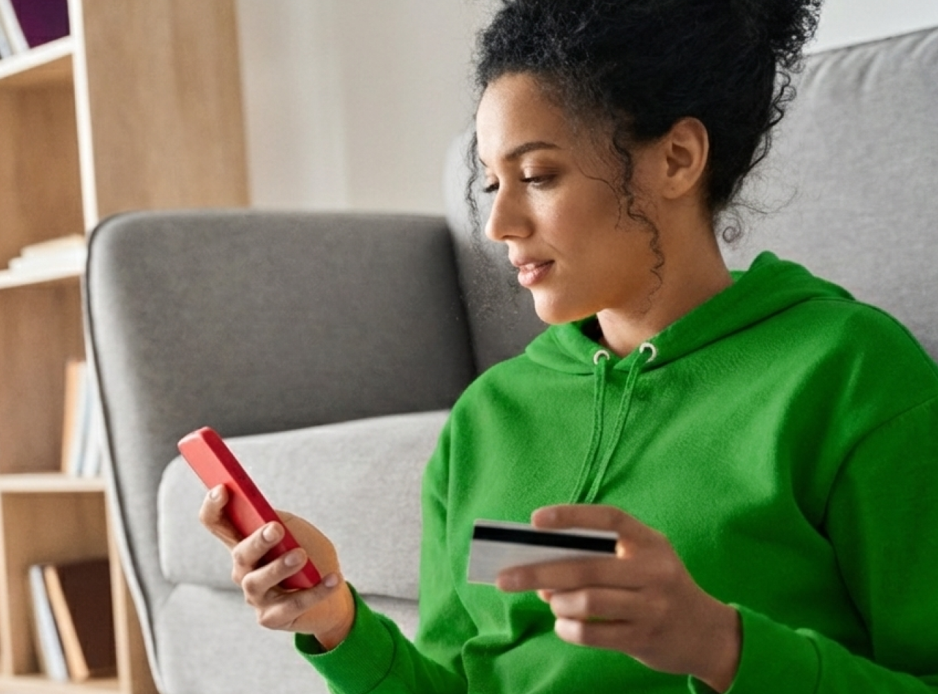 A woman in a green hoodie holds a smartphone and a credit card, sitting on a sofa at home. She appears focused, engaged in online shopping or banking.
