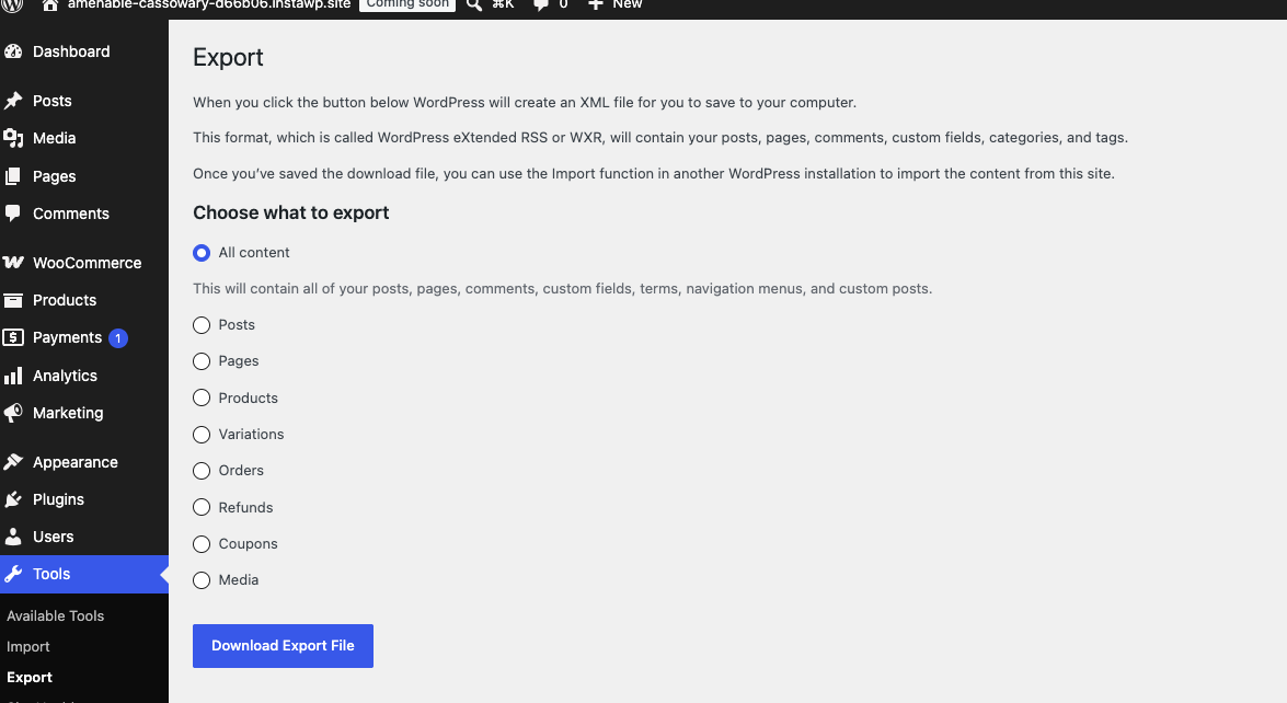 WordPress Tools > Export screen showing WooCommerce data export options