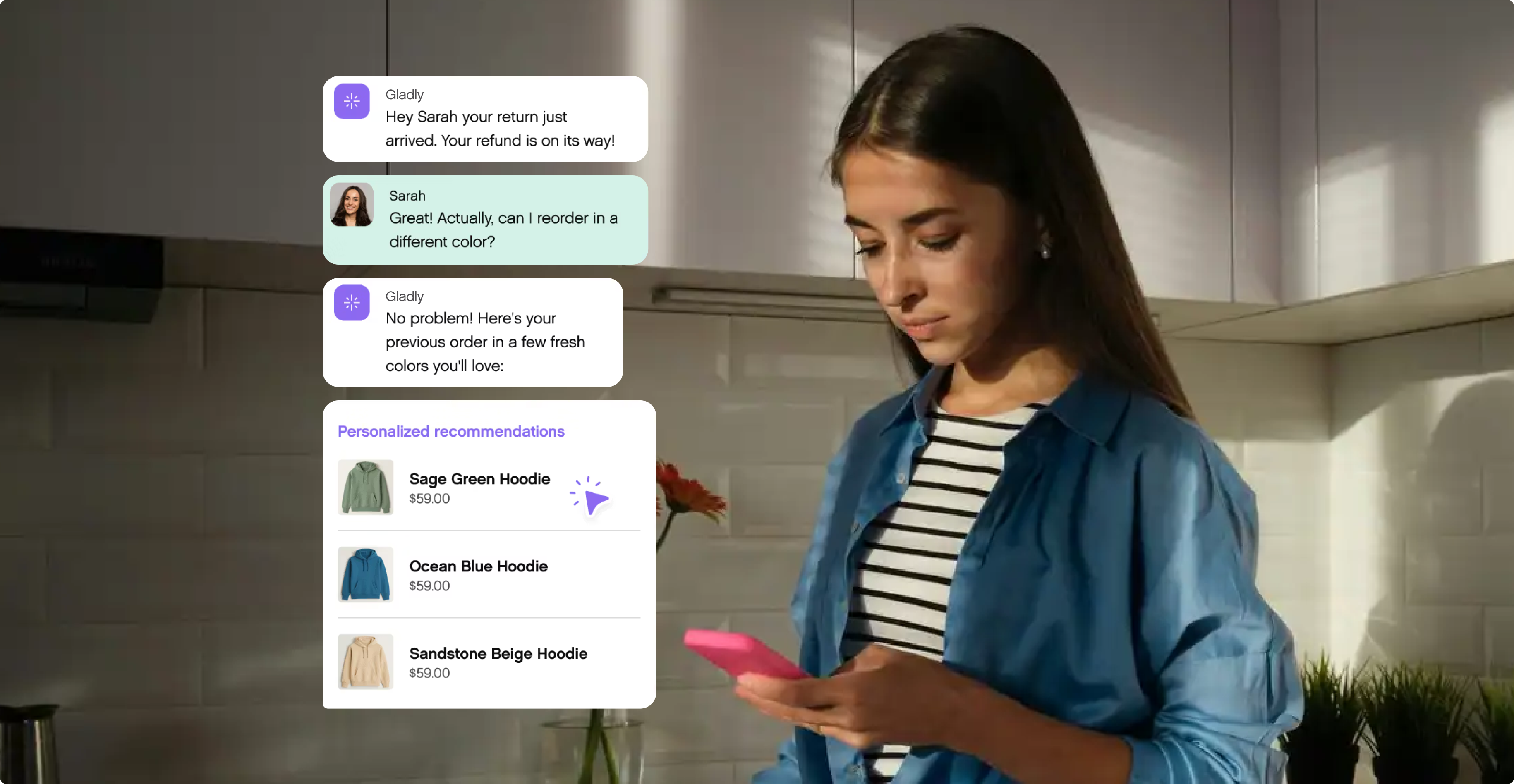 A woman in a blue shirt stands in a kitchen, holding a pink phone. Chat messages beside her discuss a clothing order and refund. She appears focused.