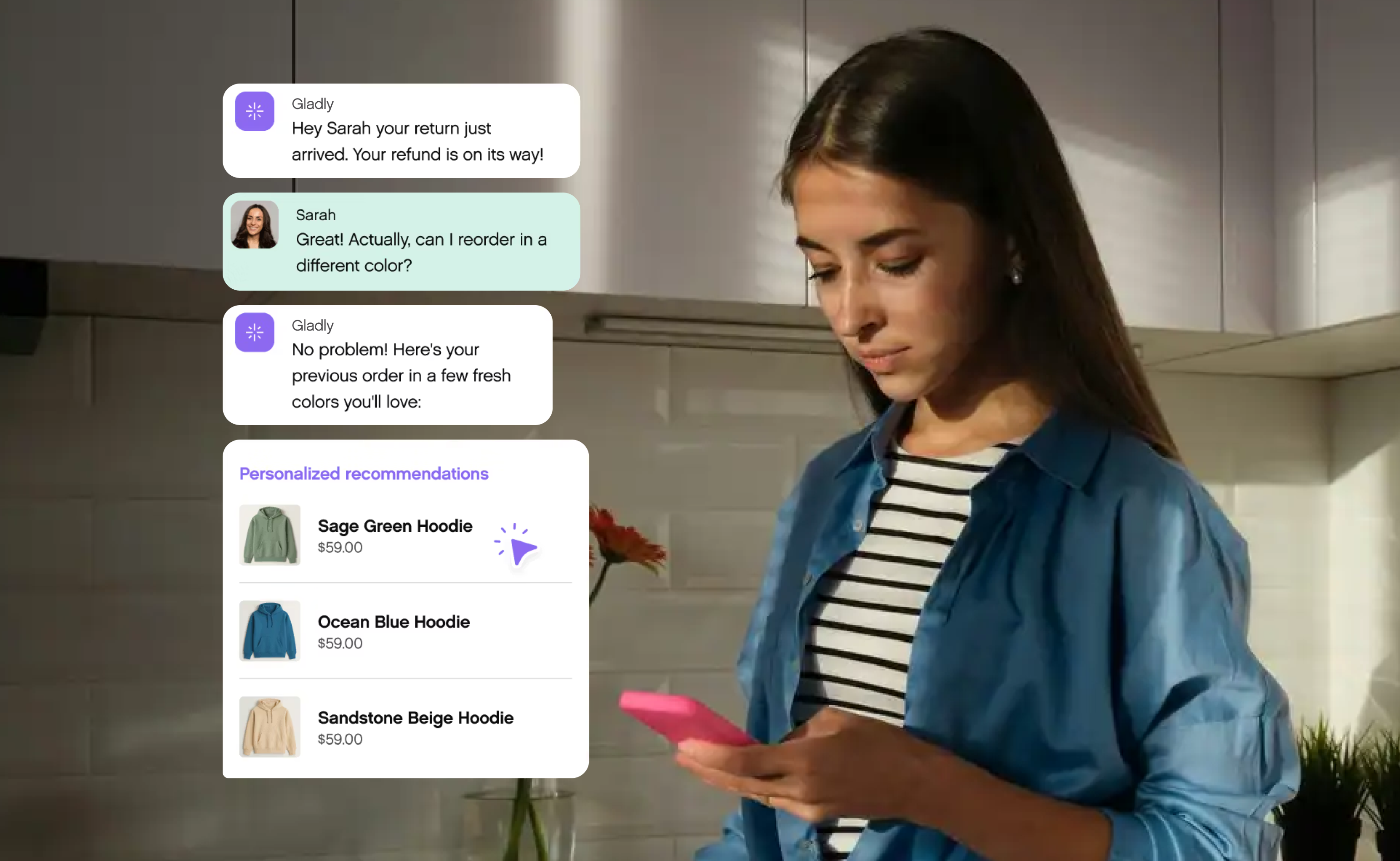 A woman in a blue shirt stands in a kitchen, holding a pink phone. Chat messages beside her discuss a clothing order and refund. She appears focused.