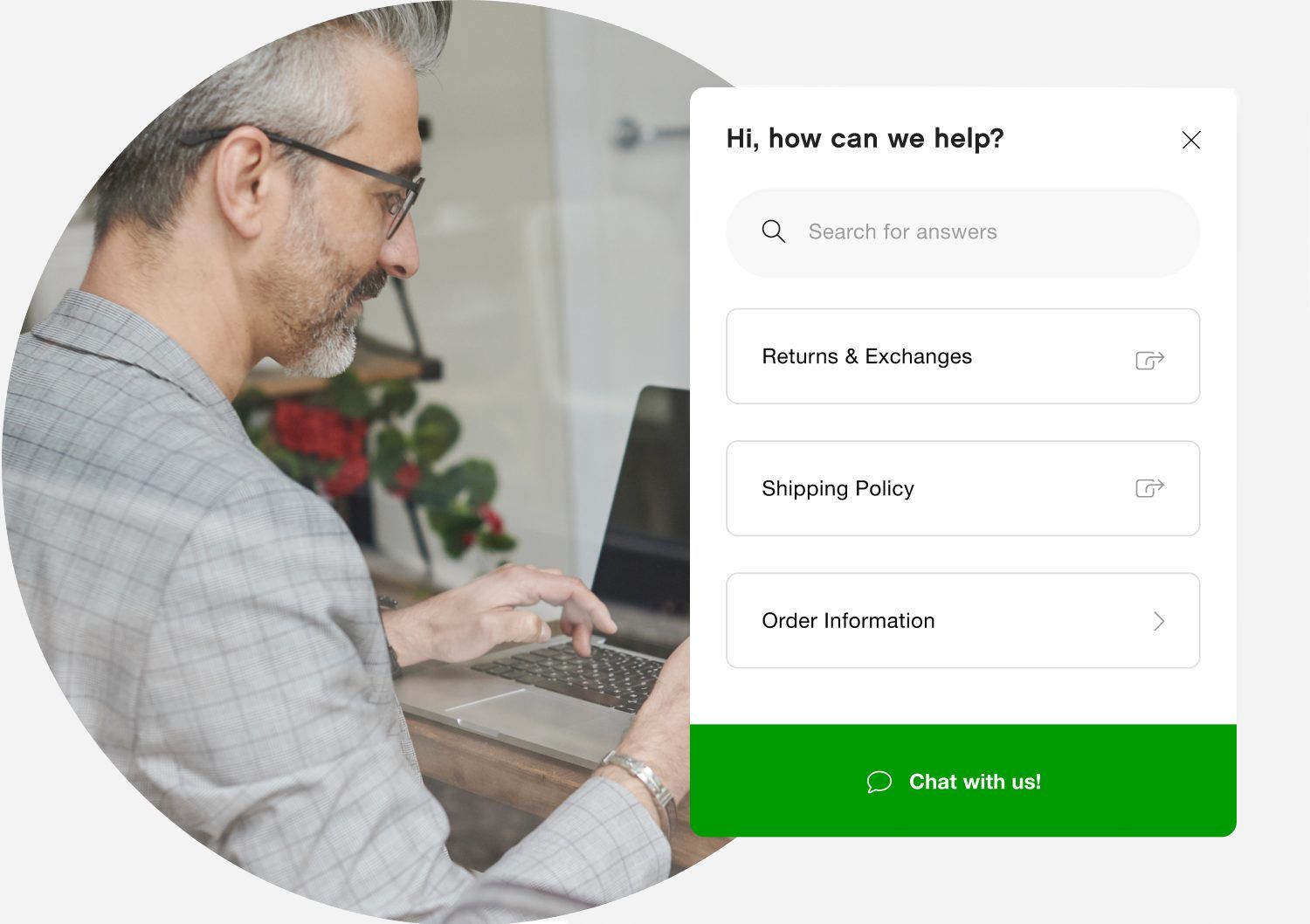 A man in a plaid suit works on a laptop at a desk. A digital help menu appears, featuring search, returns, shipping, order info, and a chat option.