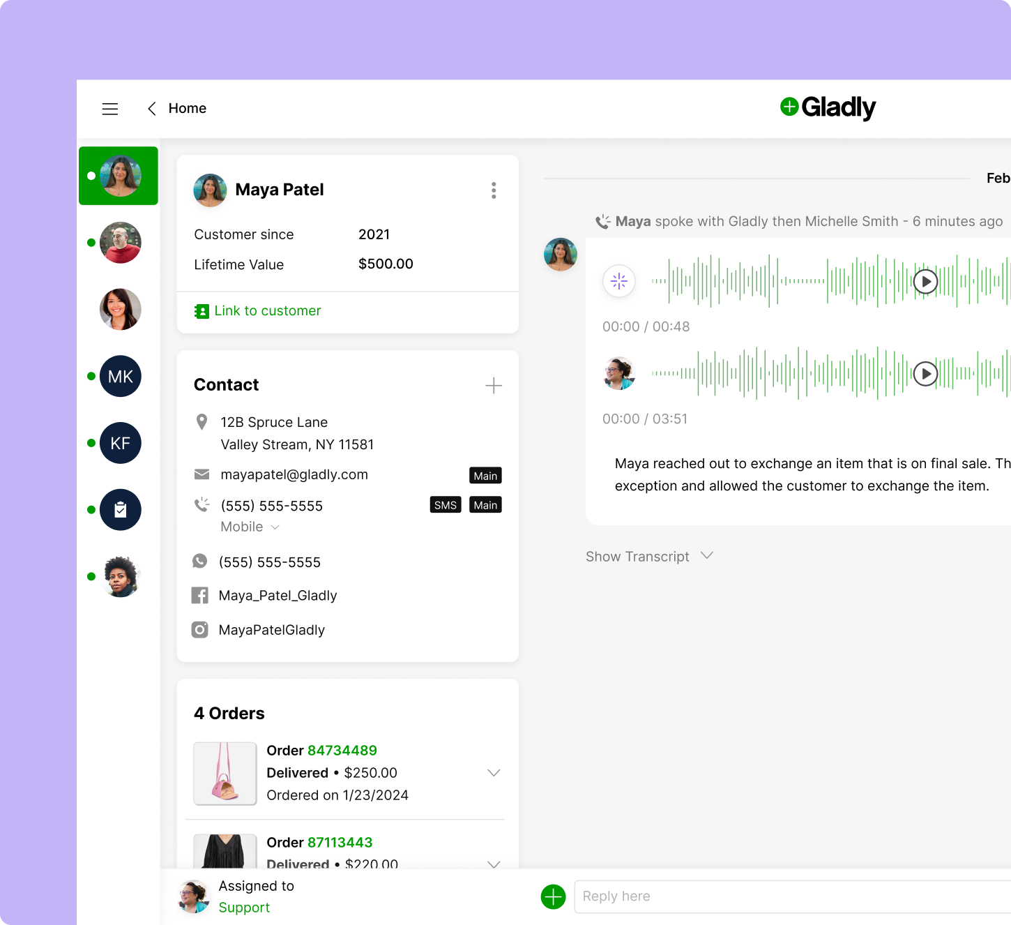 Customer service interface for Gladly shows Maya Patel's profile, order details, and contact info, with audio transcript of a recent exchange.
