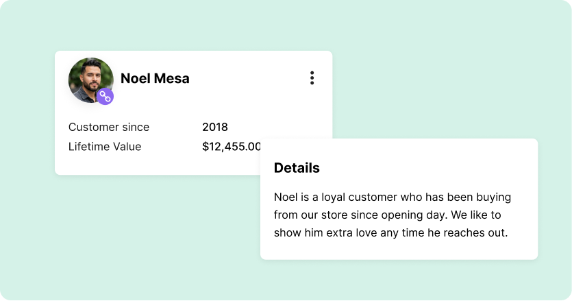 Profile card with photo and name “Noel Mesa.” Details show customer since 2018, lifetime value $12,455, and loyalty message. Soft green background.