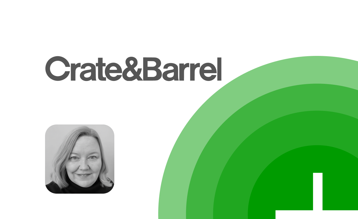 Crate & Barrel logo in black, above a grayscale portrait of a smiling person. A green circular gradient design with a plus sign is on the right.