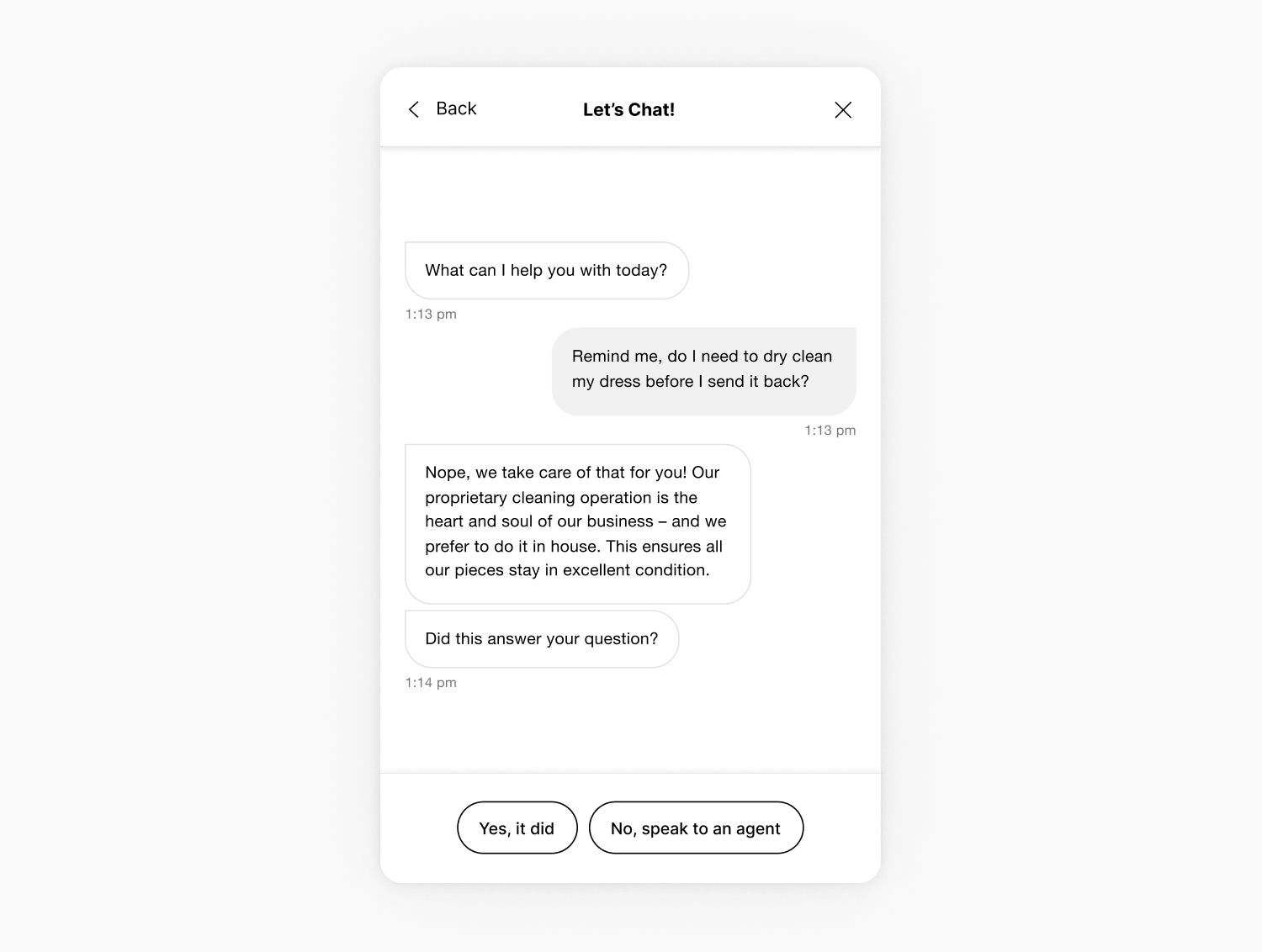 A chat interface shows a conversation about dress cleaning. The user asks if dry cleaning is needed, and the response confirms in-house cleaning. Two reply options, “Yes, it did” and “No, speak to an agent,” are available.