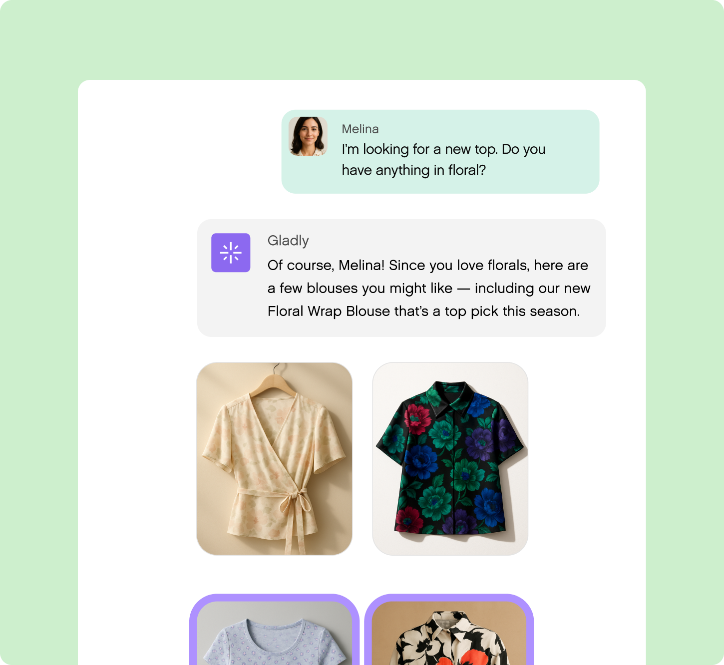 A chat between Melina and Gladly about floral tops, with images of blouses. The tone is helpful, showcasing a variety of vibrant floral patterns.