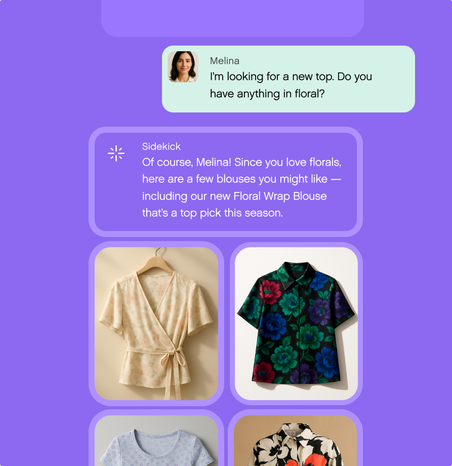 Chat interface on a purple background. "Melina" asks for floral tops. "Sidekick" suggests floral blouses, showing four options with various designs and colors.