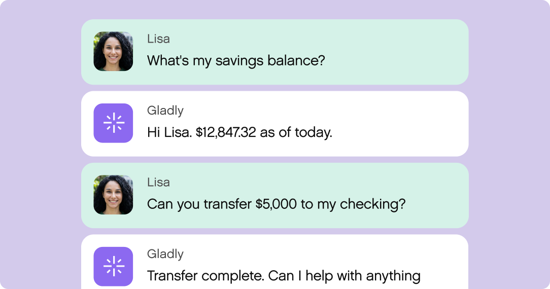 Chat exchange on a purple background. Lisa asks about her savings and requests a $5,000 transfer. Gladly confirms her balance and transfer completion.