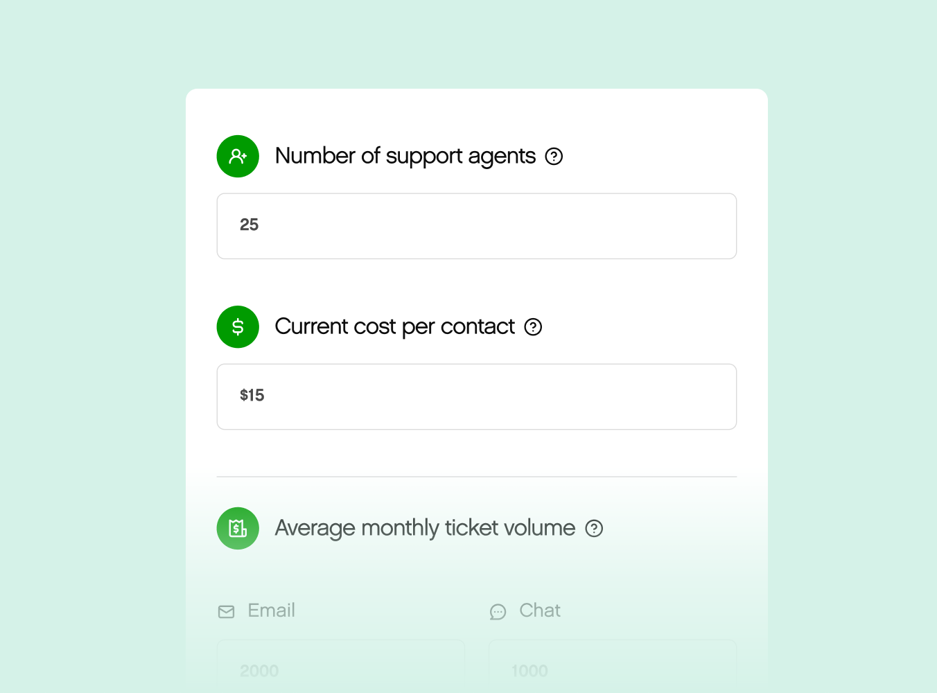 Dashboard interface showing input fields: Number of support agents (25), cost per contact ($15), average monthly ticket volume. Clean, professional tone.