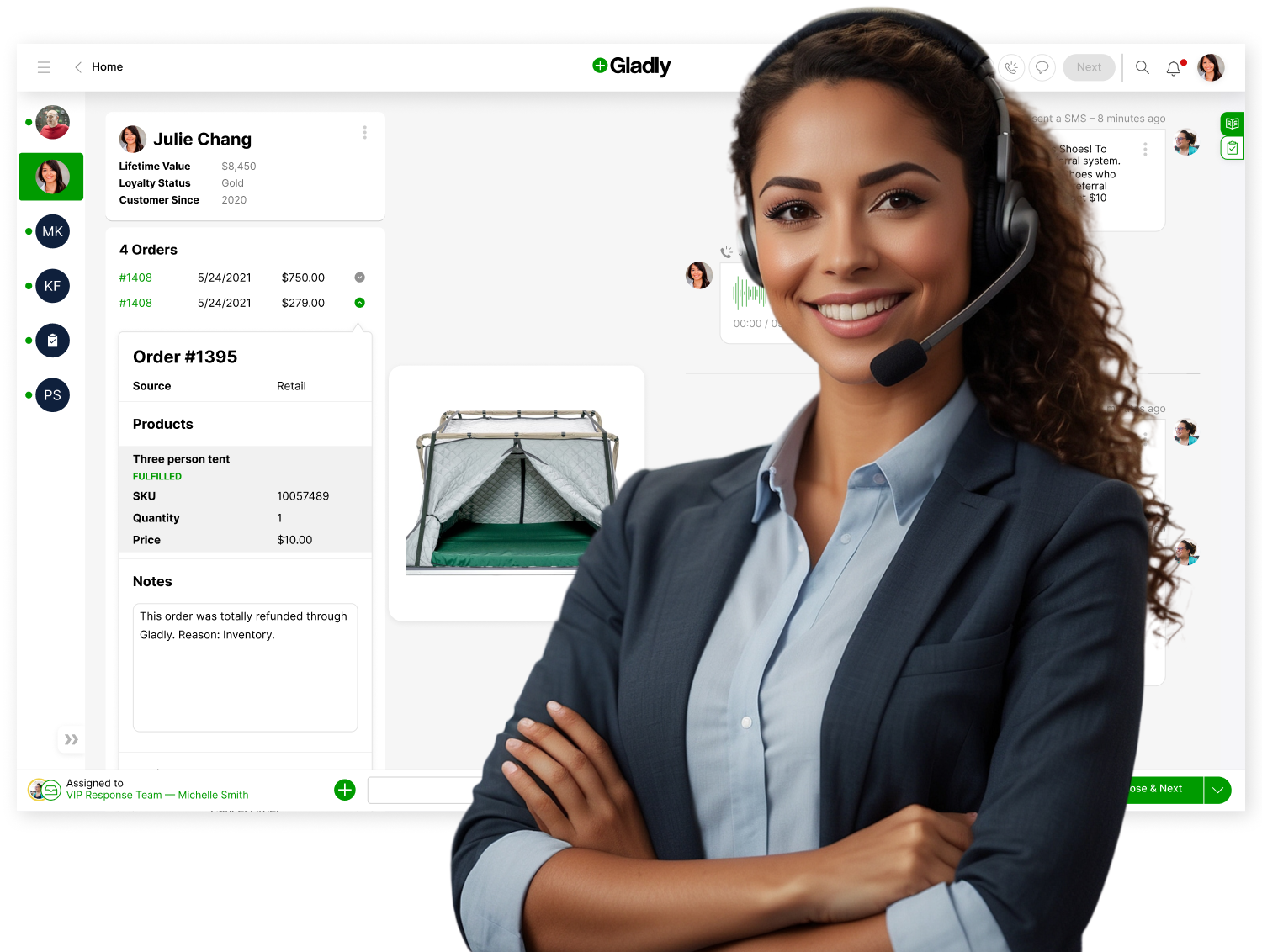 Smiling customer service representative with a headset stands confidently. Behind, a screen displays customer details and an order of a tent.