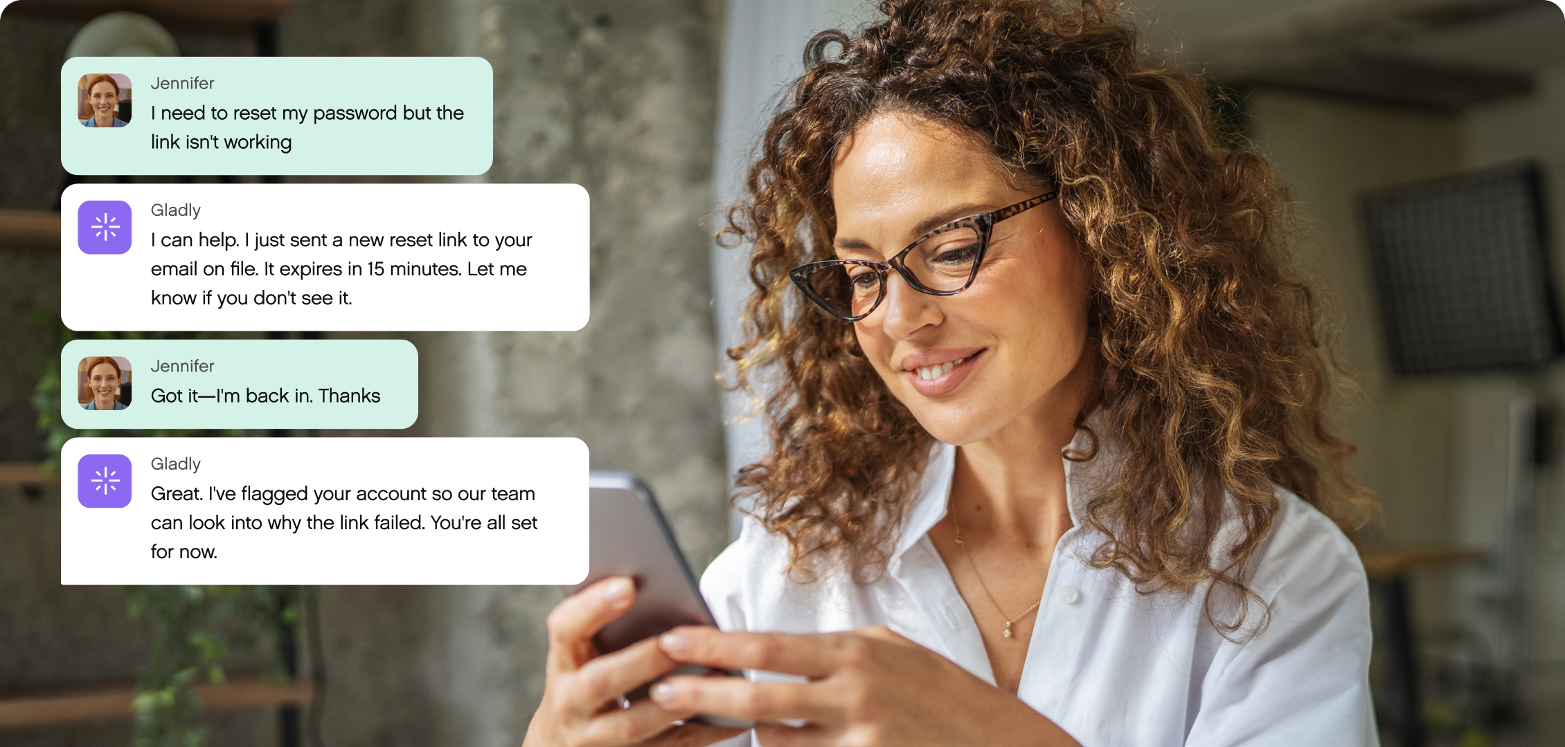 A woman with curly hair smiles at her phone, engaging in a chat about resetting a password. The friendly tone suggests a successful resolution.