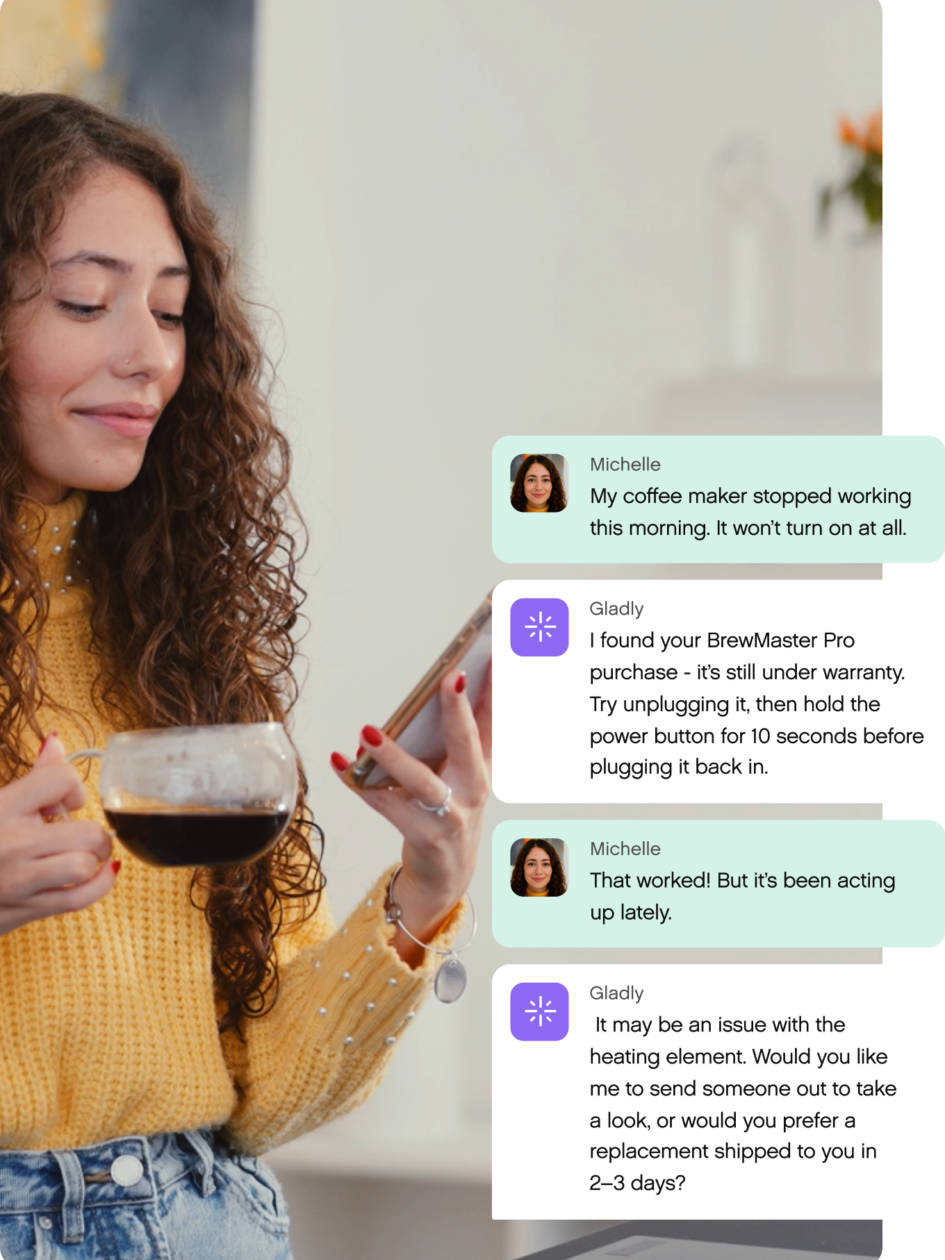 A woman in a yellow sweater holds a coffee and phone, smiling while reading. Text messages detail a conversation about fixing a malfunctioning coffee maker.