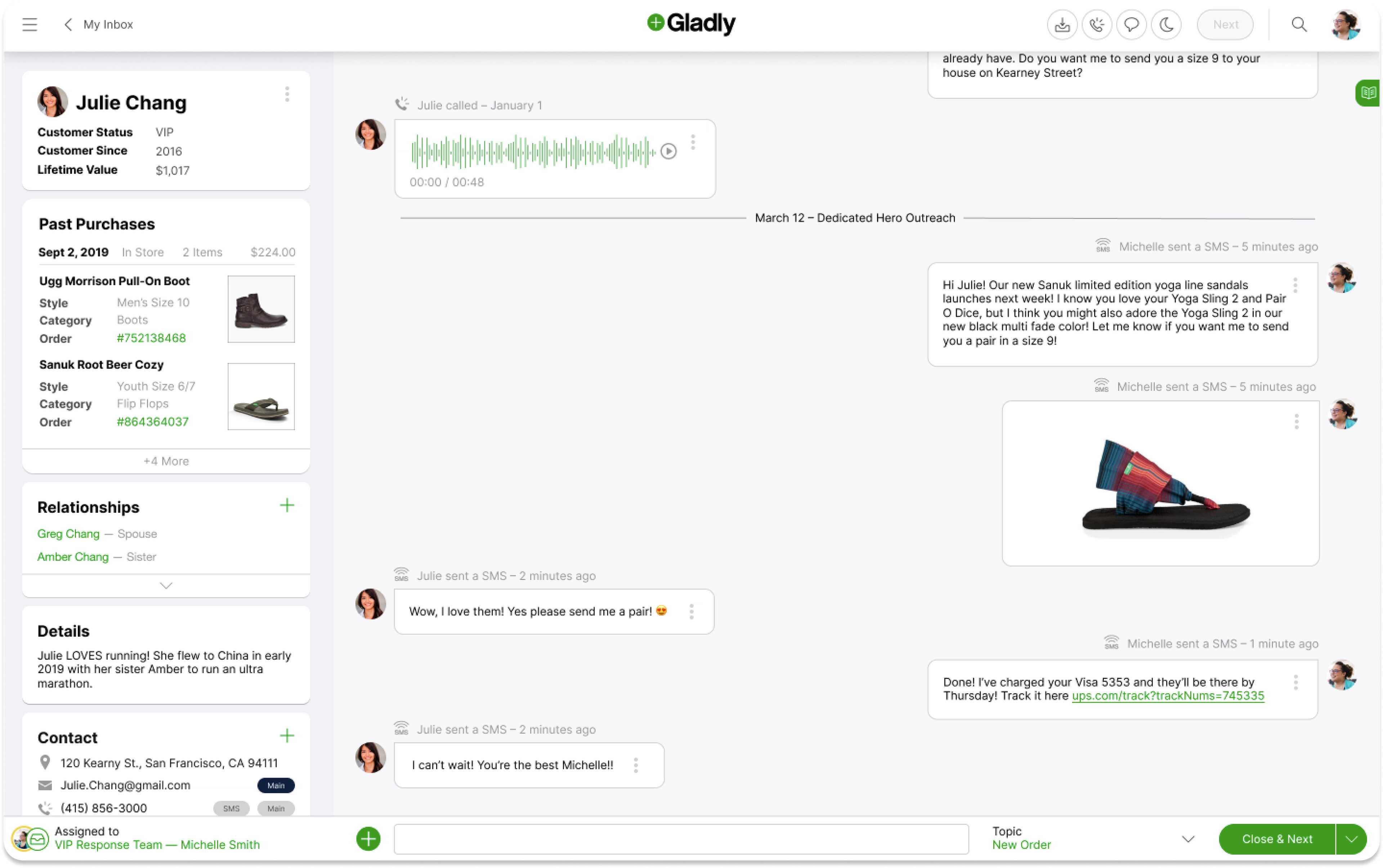Image of Gladly platform with conversation between customer and customer service agent