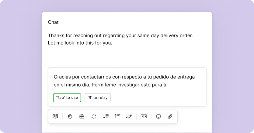 Chat interface with a message about same-day delivery inquiry, shown in English and Spanish. Translation options and icons for text editing are visible.