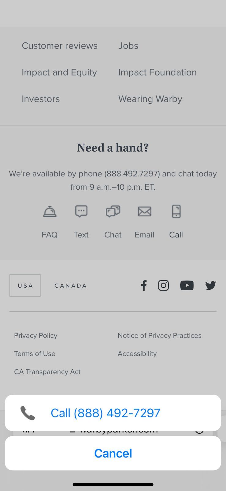 Screenshot of mobile Warby Parker Call option popup