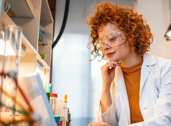 Scientist wearing safety goggles in a lab reviewing laptop