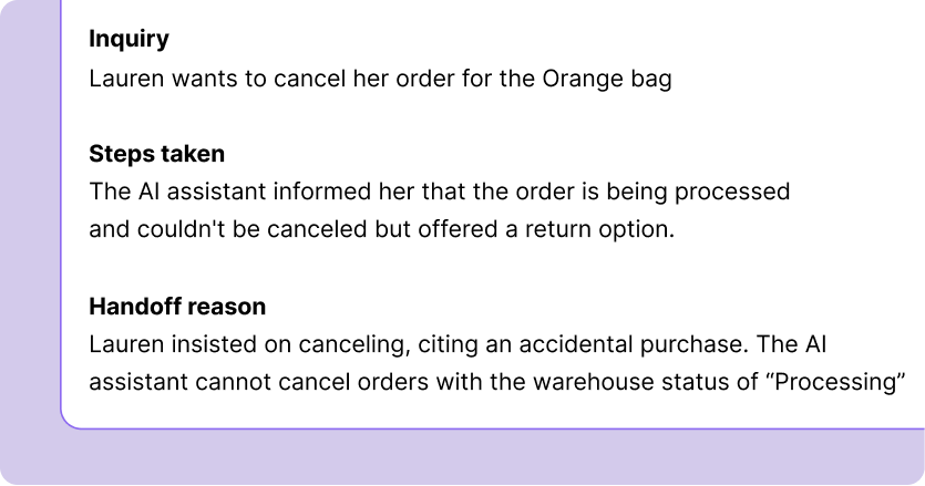 A screenshot of a customer service interaction. Inquiry: Lauren wants to cancel an order for an Orange bag. Steps taken: AI assistant informed her the order is processing and cannot be canceled, offering a return option instead. Handoff reason: Lauren persists in canceling due to accidental purchase, but the AI cannot cancel orders labeled as 'Processing.'