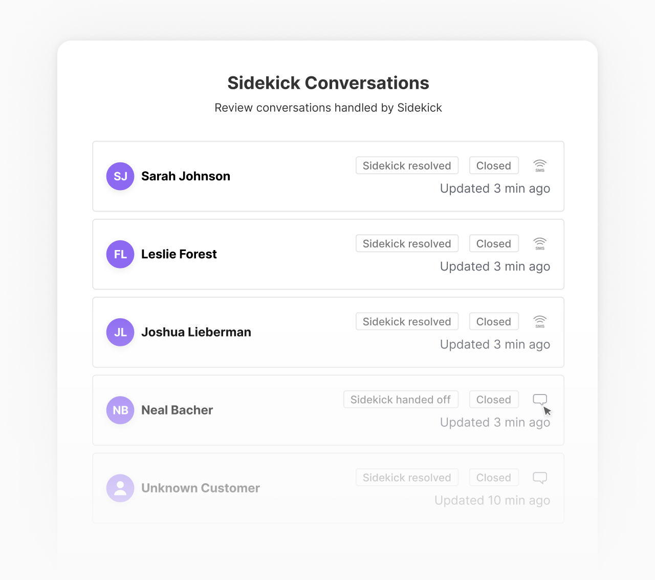 Dashboard titled 'Sidekick Conversations' showing resolved and closed chats. Users include Sarah, Leslie, Joshua, Neal, and Unknown Customer, all updated 3 minutes ago, except the last one updated 10 minutes ago. Mood is professional and efficient.