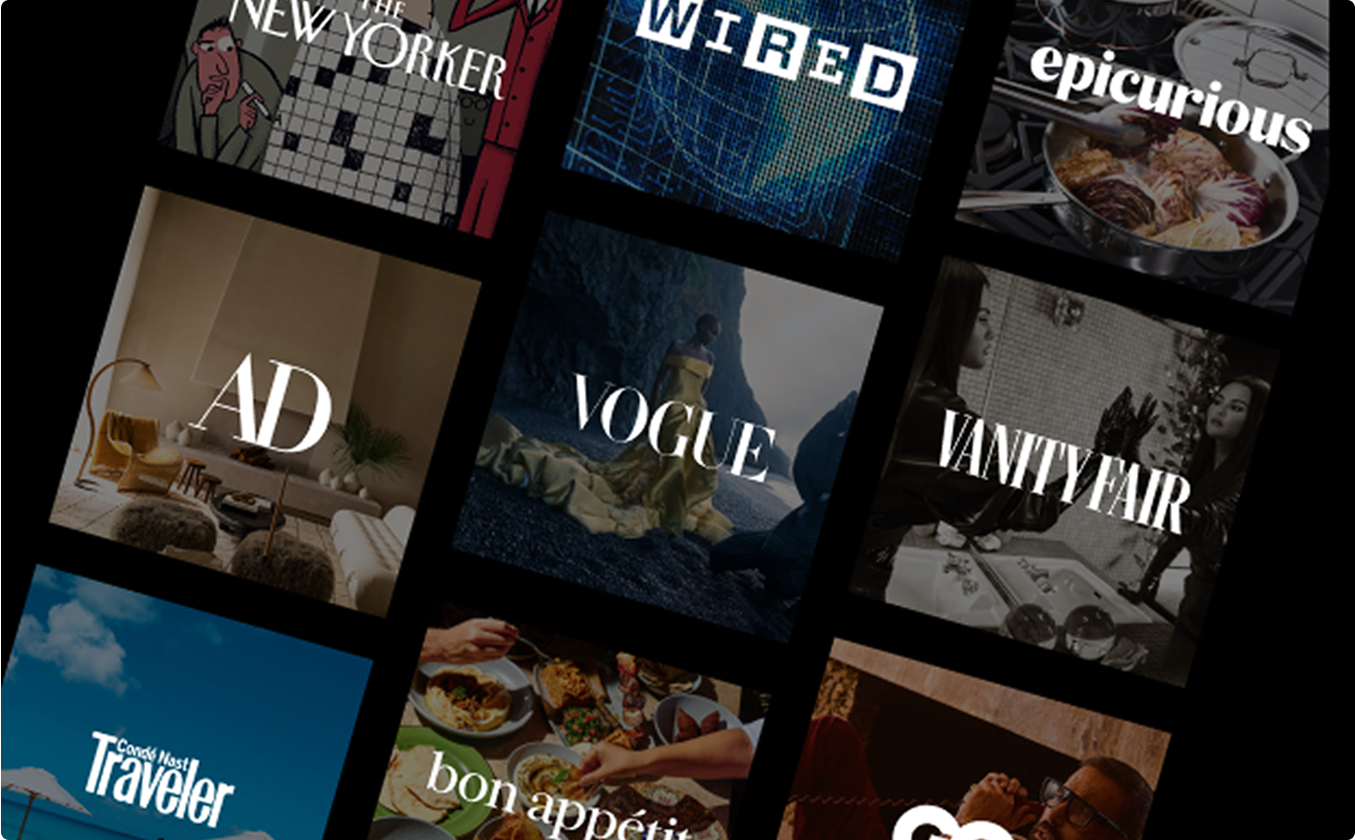 A grid of nine magazine logos, including The New Yorker, Wired, Epicurious, AD, Vogue, Vanity Fair, Conde Nast Traveler, Bon Appétit, and GQ.