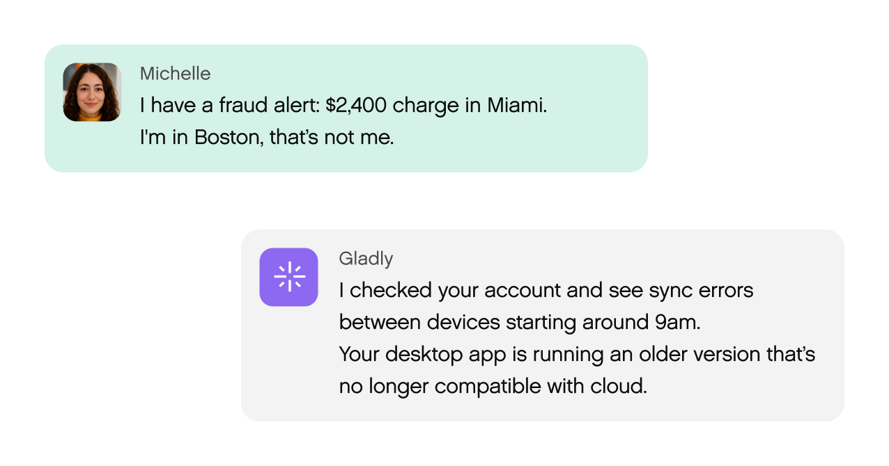 Chat exchange: Michelle reports a $2,400 Miami fraud alert; she's in Boston. Gladly replies, noting account sync errors and outdated desktop app.