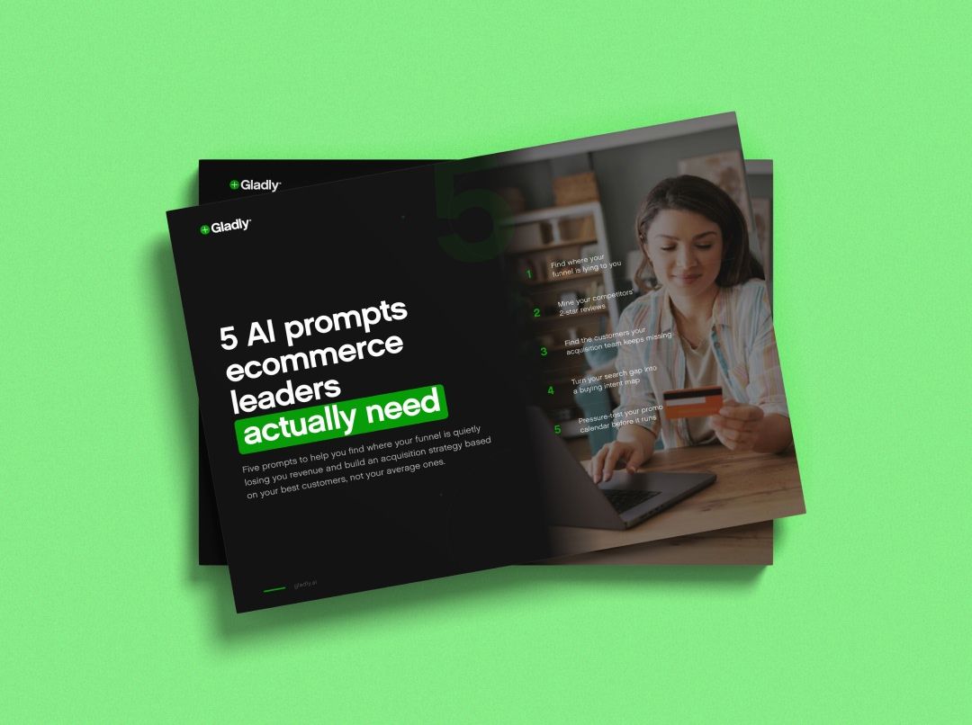 Cover of the Gladly guide "5 AI prompts ecommerce leaders actually need," showing the five prompts beside a person shopping online with a credit card.