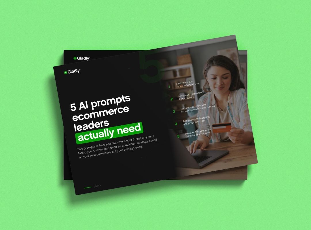 Cover of the Gladly guide "5 AI prompts ecommerce leaders actually need," showing the five prompts beside a person shopping online with a credit card.
