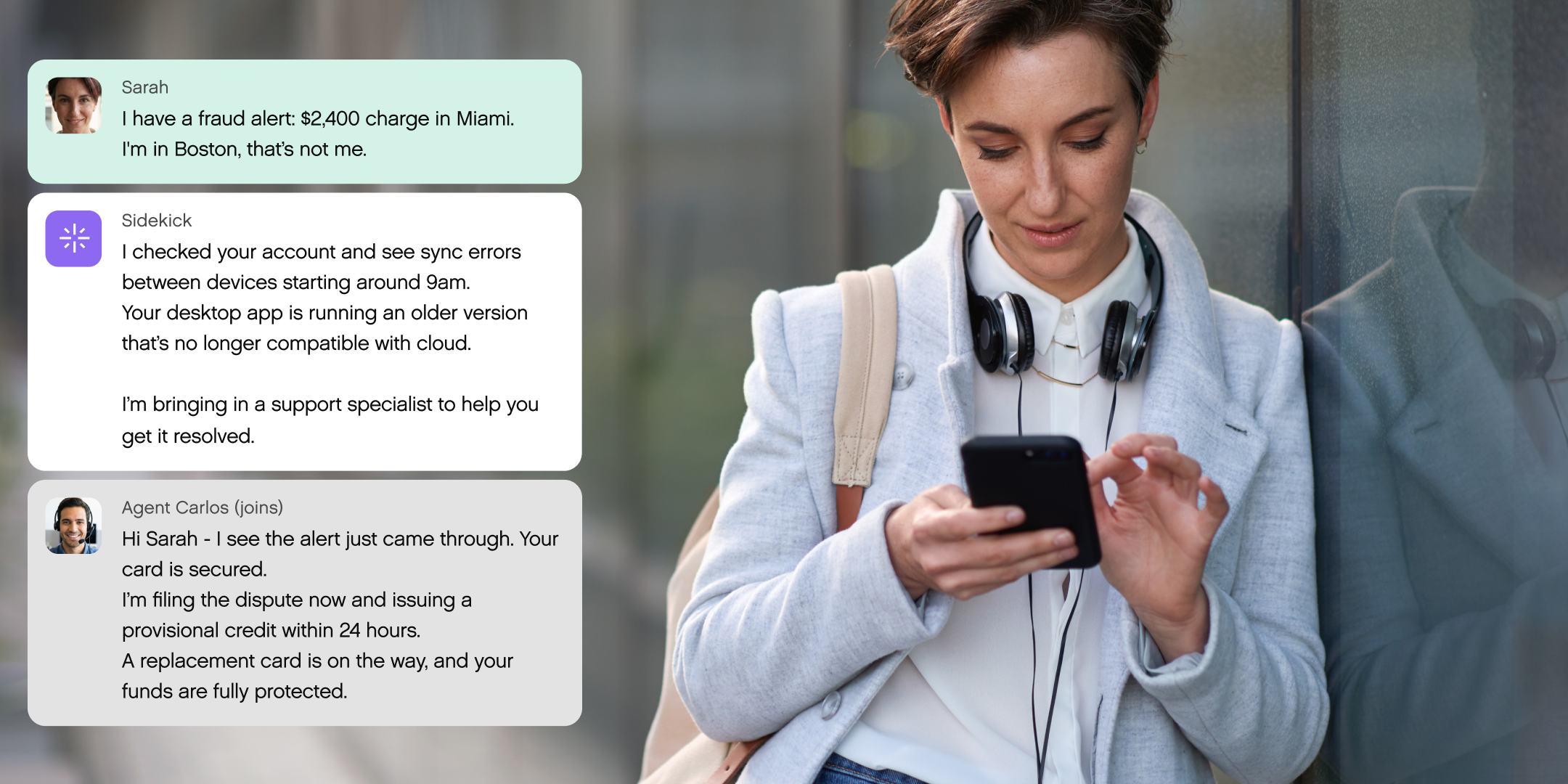 A woman leans against a glass wall, focused on her smartphone. Text bubbles appear beside her, discussing a fraud alert and customer support resolution.