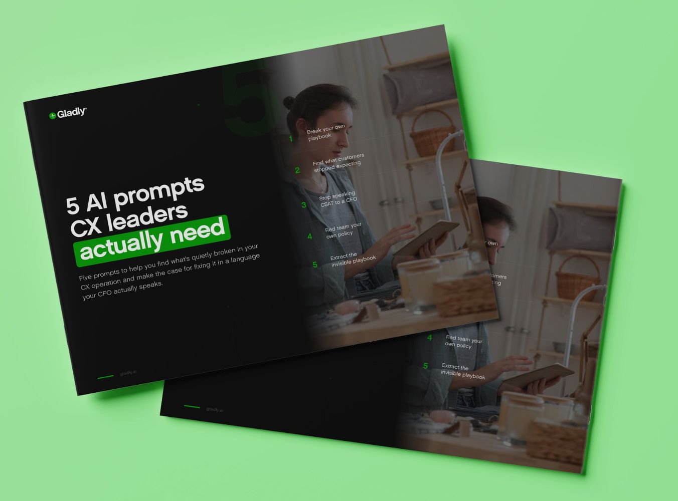 Cover of the Gladly guide "5 AI prompts CX leaders actually need," showing the five prompts beside a person using a tablet in a shop.