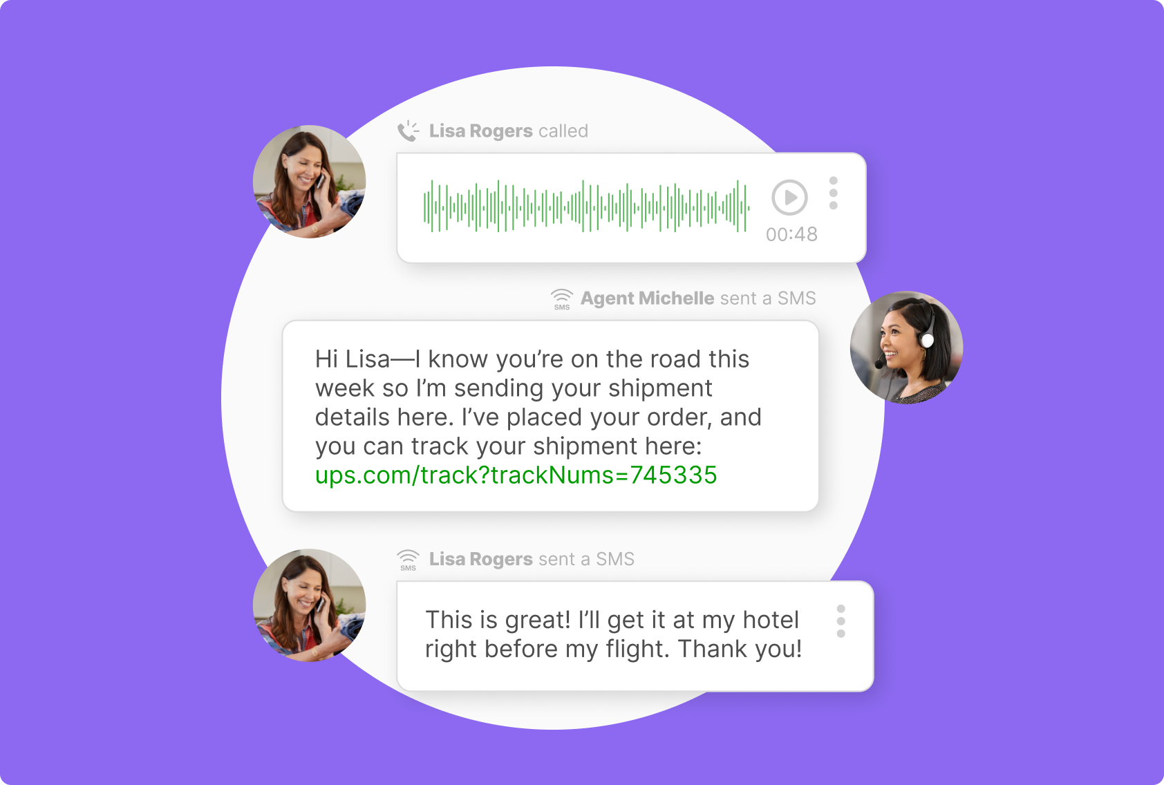 Chat interface on a purple background. Top shows an audio message, the middle contains a shipment tracking SMS, and the bottom is a thankful text response.
