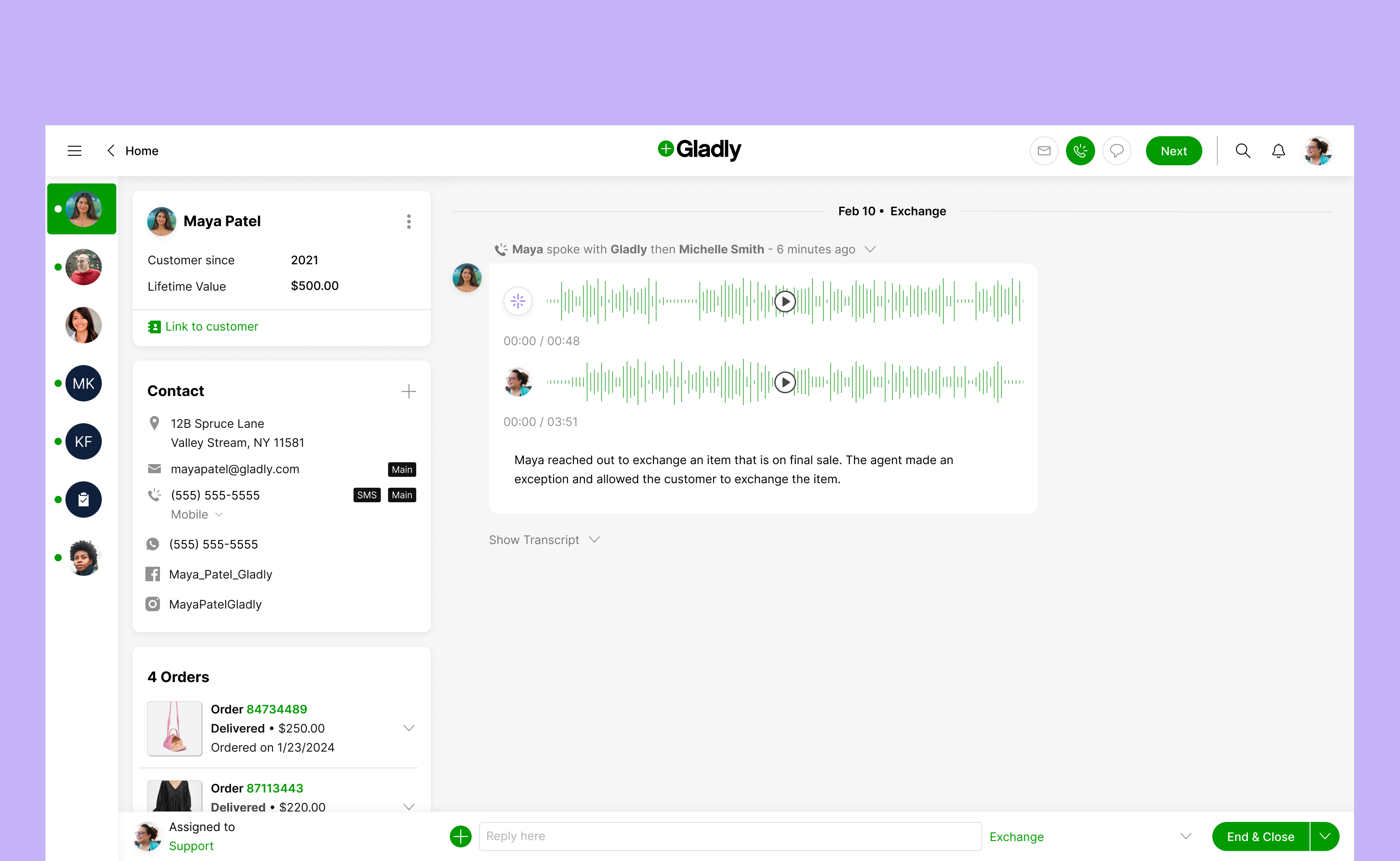 Customer service dashboard with user chat interface. Left panel shows customer details and order history. Main area displays audio message exchange. Clean, organized design on a purple background.