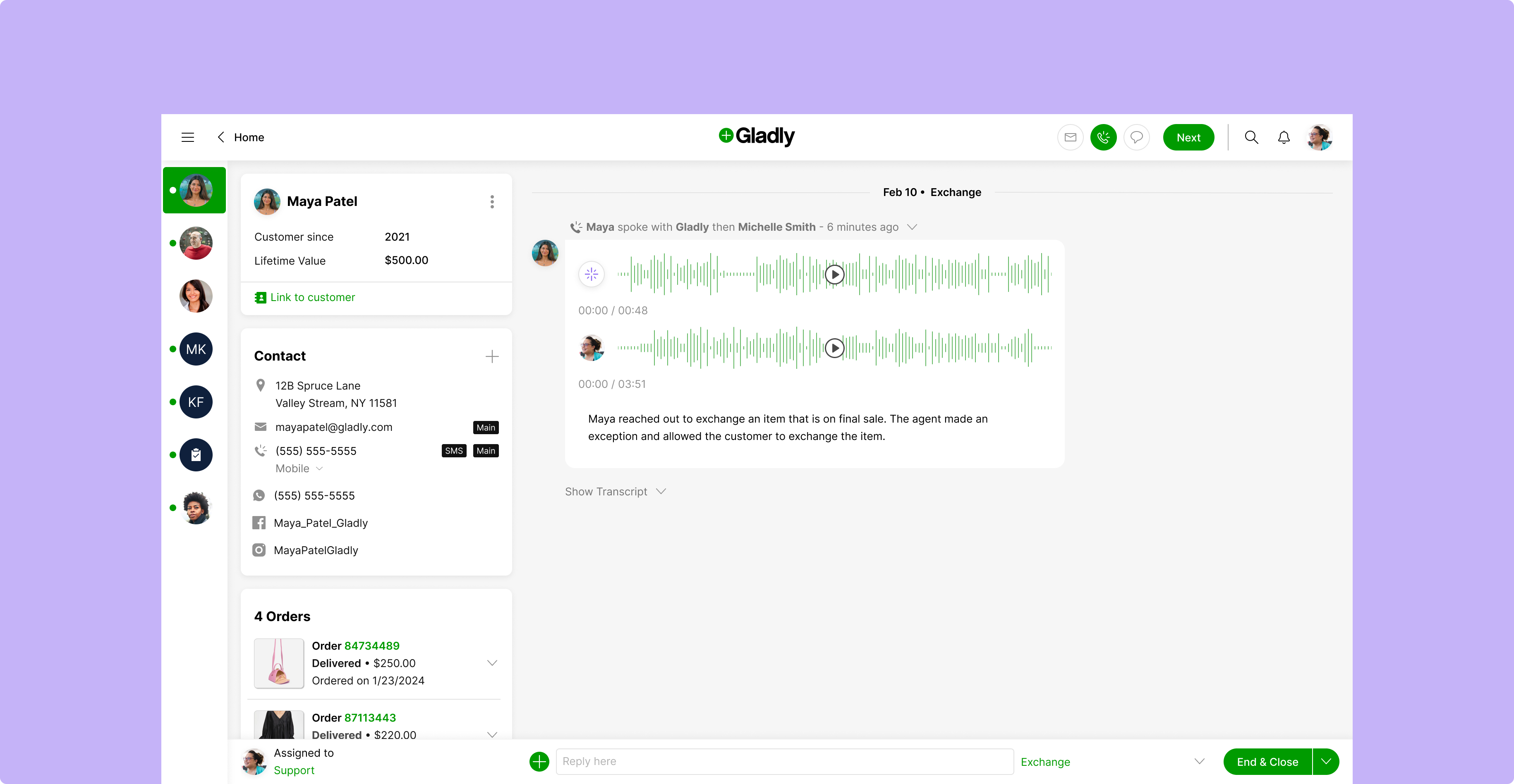 Customer service dashboard with user chat interface. Left panel shows customer details and order history. Main area displays audio message exchange. Clean, organized design on a purple background.