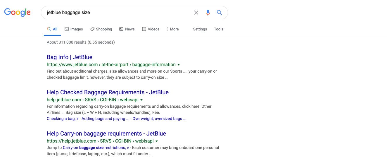 Screenshot of Google search results for "jetblue baggage size"