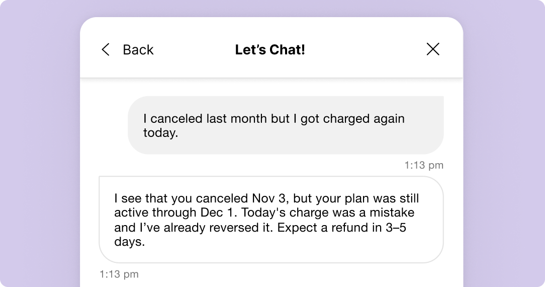 Chat interface showing a customer complaining about an erroneous charge, with a quick response confirming the mistake was reversed and a refund issued.