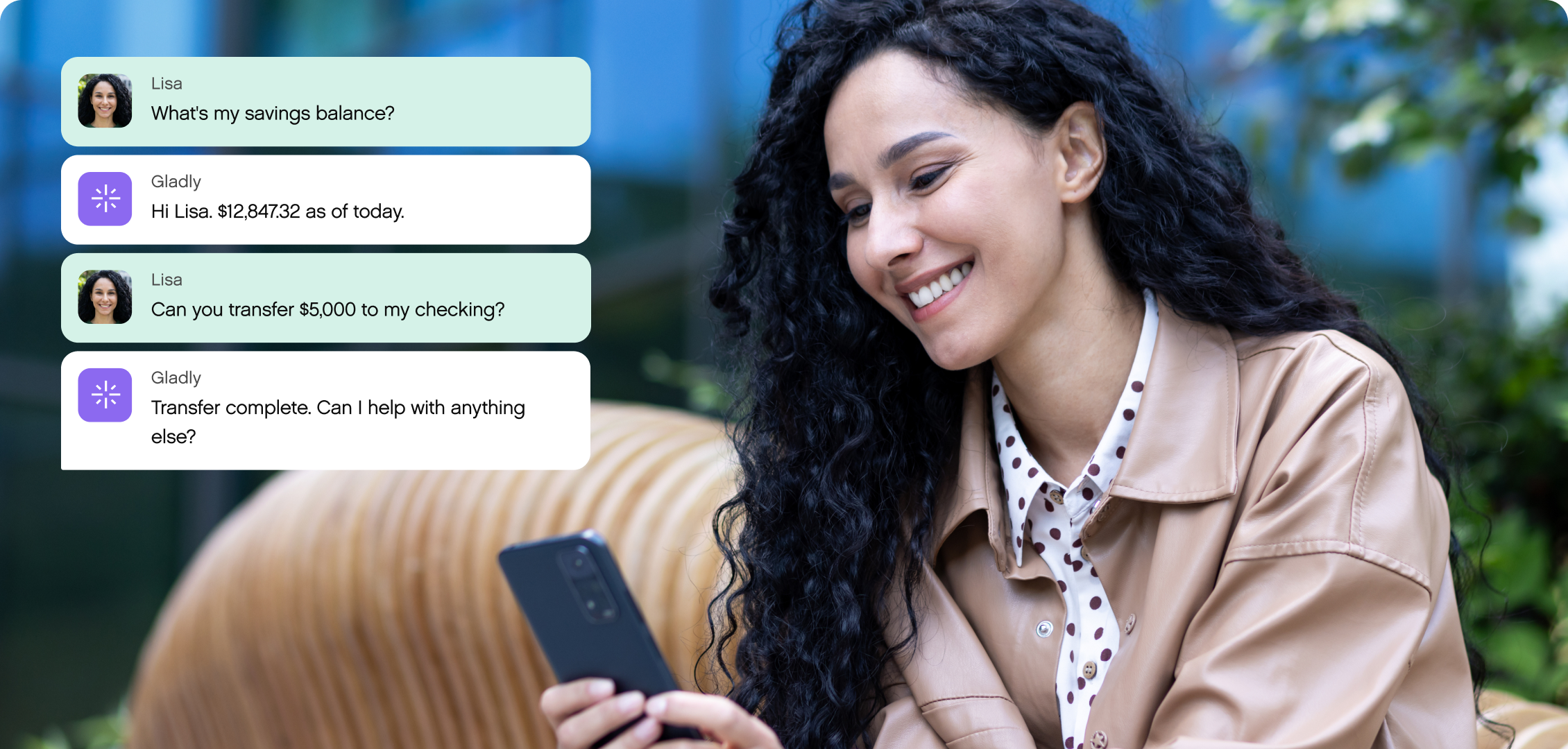 A woman with curly hair smiles while using her smartphone outdoors. On-screen messages show a chatbot assisting her with banking tasks. The tone is friendly.