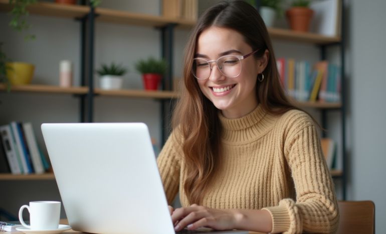 A bespectacled woman in a sweater smiling at a laptop