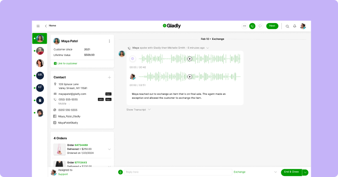Customer service interface for Gladly shows Maya Patel's profile, order details, and contact info, with audio transcript of a recent exchange.